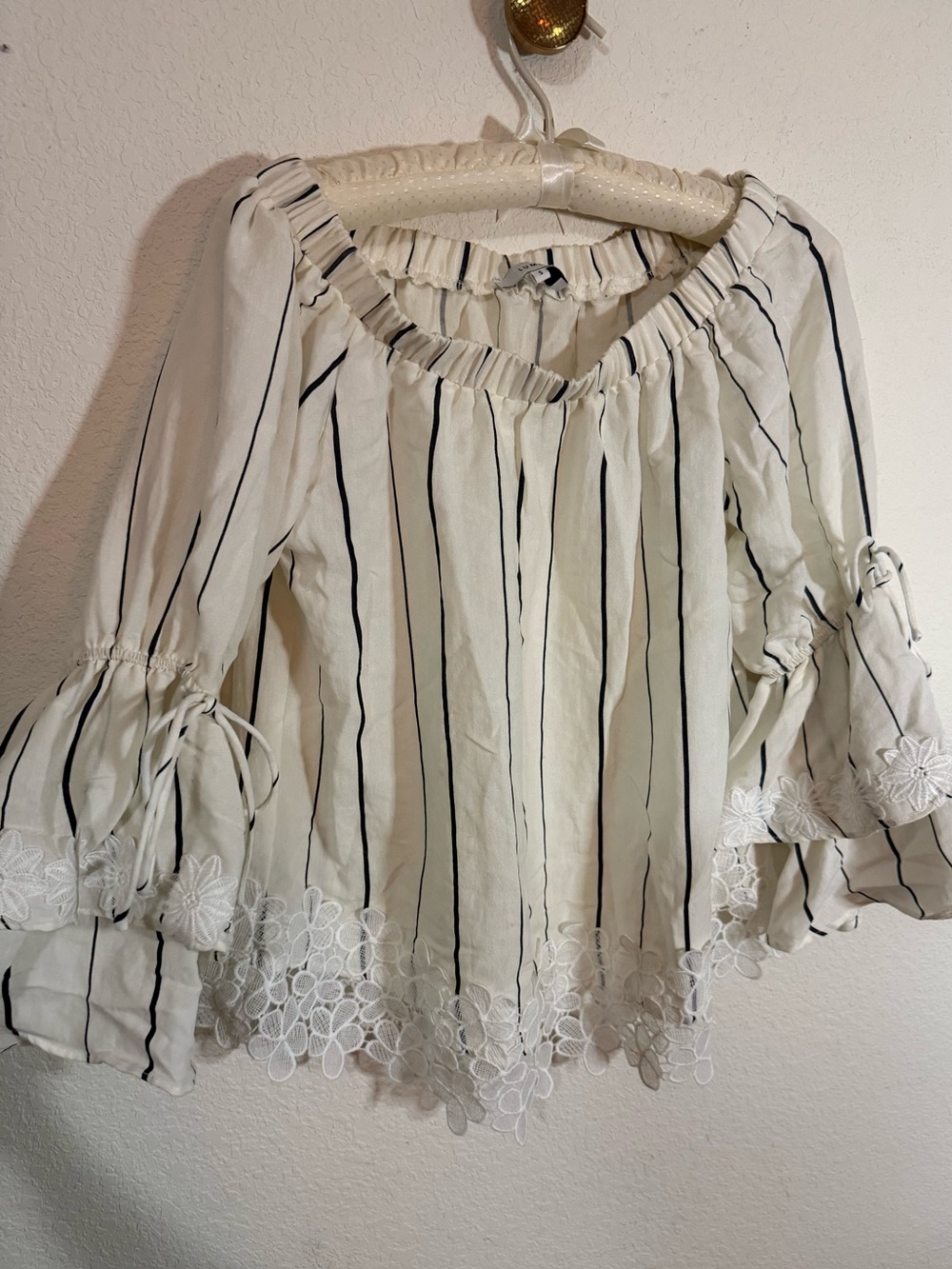 Lumie NWOT OffShoulder Cottagecore Peasant Striped Bell Sleeve Blouse Embroidery